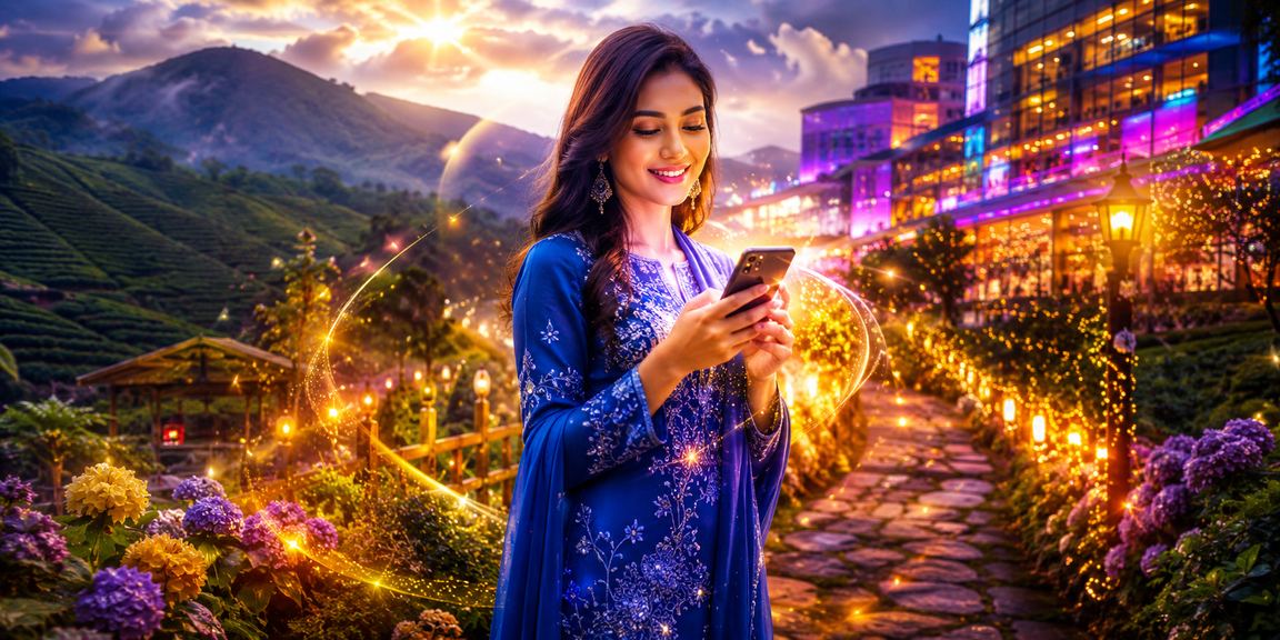Pengguna Malaysia dalam pakaian tradisional mengakses platform sukan maya srl110 di telefon pintar